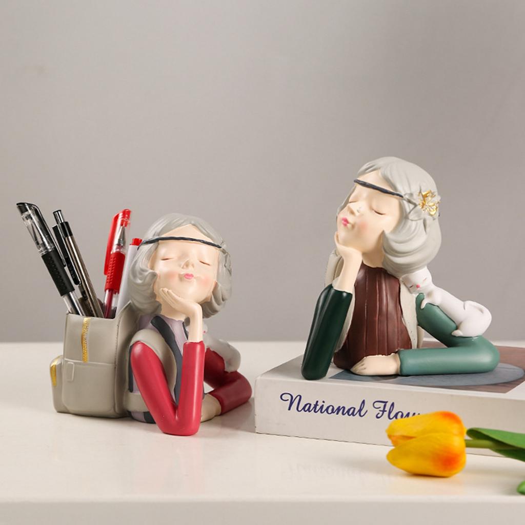 Brush Pot Pen Holder Container Cute Girl Styling Desktop Decoration Ornaments Resin Craftwork Bag Girl Red