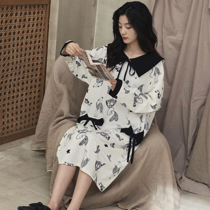 

Ночная рубашка весна осень новые женские хлопковые длинные рукава кукольный воротник миди домашняя одежда сладкий принцесса стиль свободные повседневные ночные рубашки 2XL