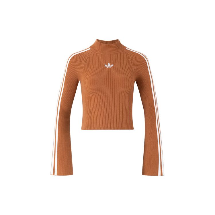 

adidas Originals Ribbed Knit Cropped Long Sleeve Top Brown White Women JI7059 M