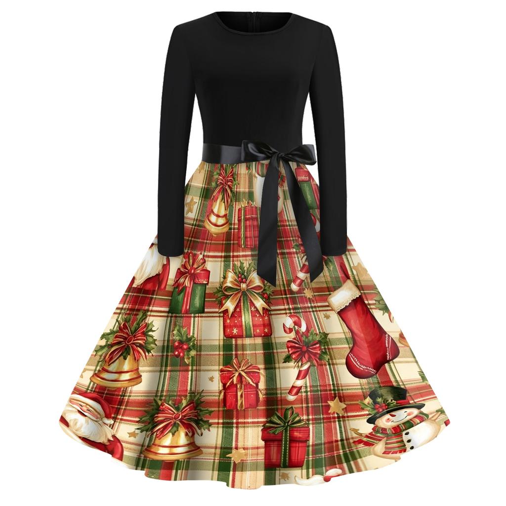 Women's Casual Vintage V-Neck Dress with Christmas Snowflake and Tree Print