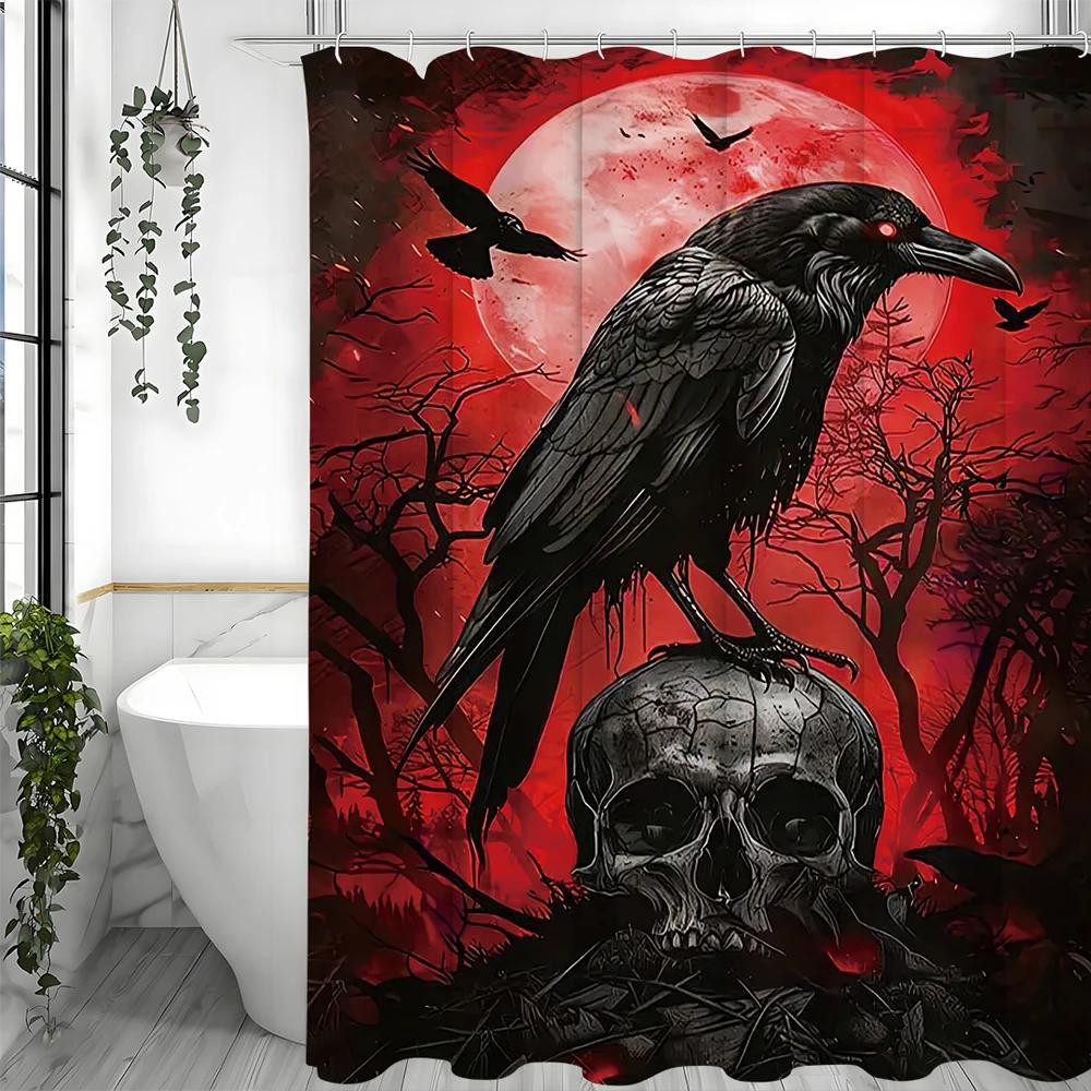 

Хэллоуин Страшный Череп Ворон Черный Красный Занавеска для душа, Декоративная занавеска для душа для ванной комнаты, Водонепроницаемая занавеска для душа с крючками W90xH180cm