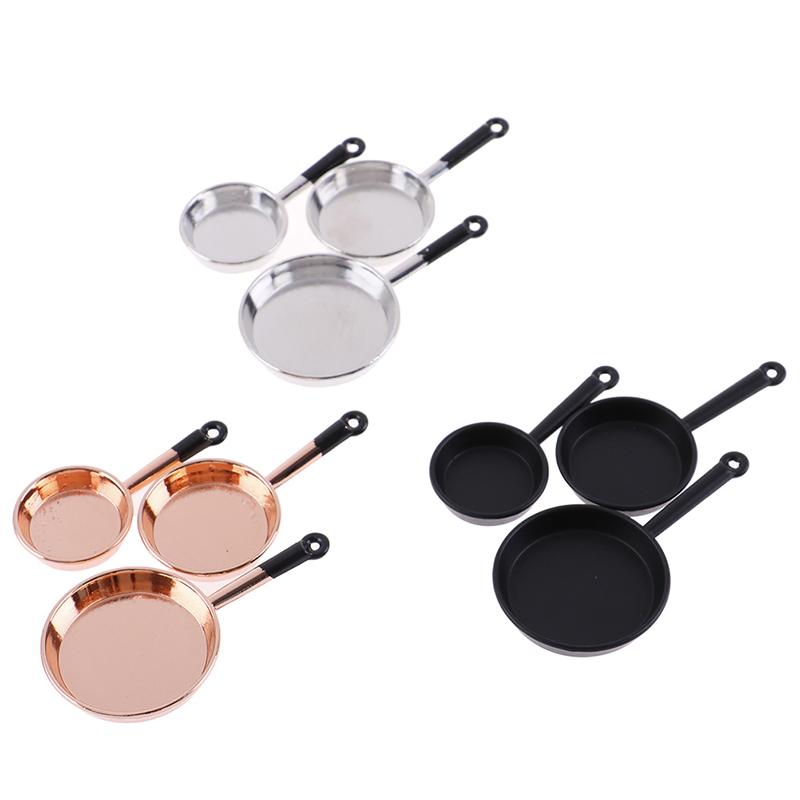 Cena de jogo de comida criativa modelo mini frigideira conjunto de 3 peças acessórios para casa de bonecas