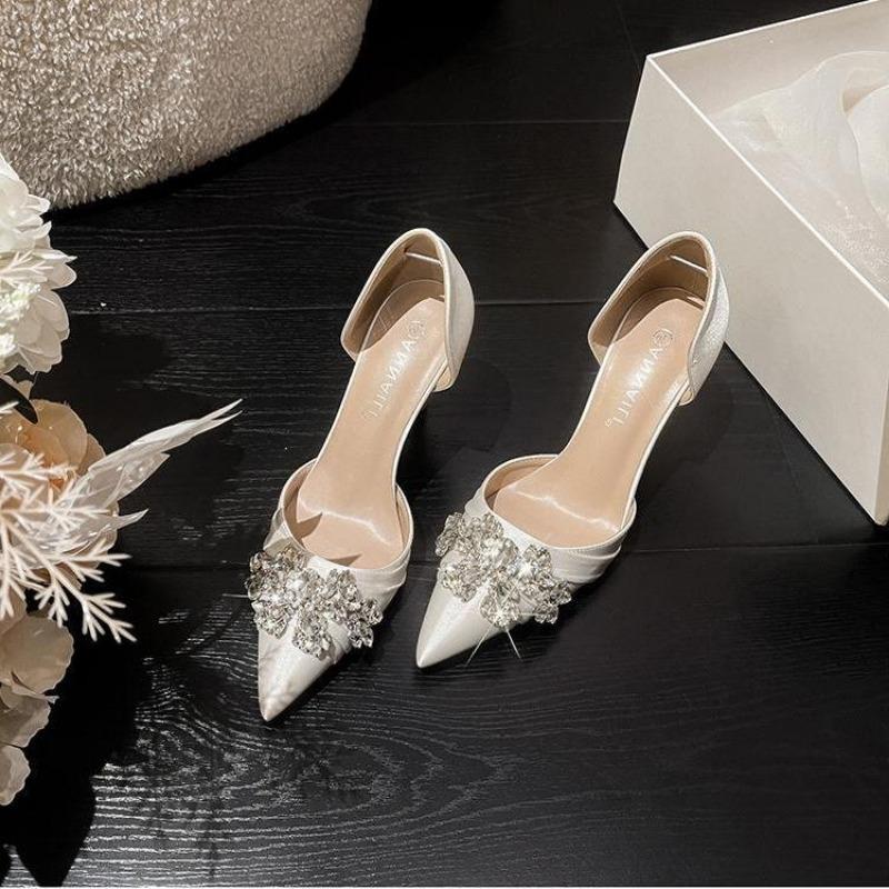 2025 Hot Sale New Fashion 8cm High Heel White Wedding Shoes Banquet Women Pumps Thin-heel Pointe Pumps Luxury Shoes