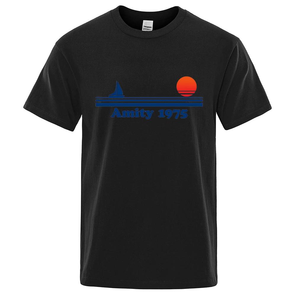 Amity 1975 Jaws Retro Print Tshirt Men Creativity Sweat Clothing Fashion Tee Clothes T Shirts Breathable Cotton TShirts Man