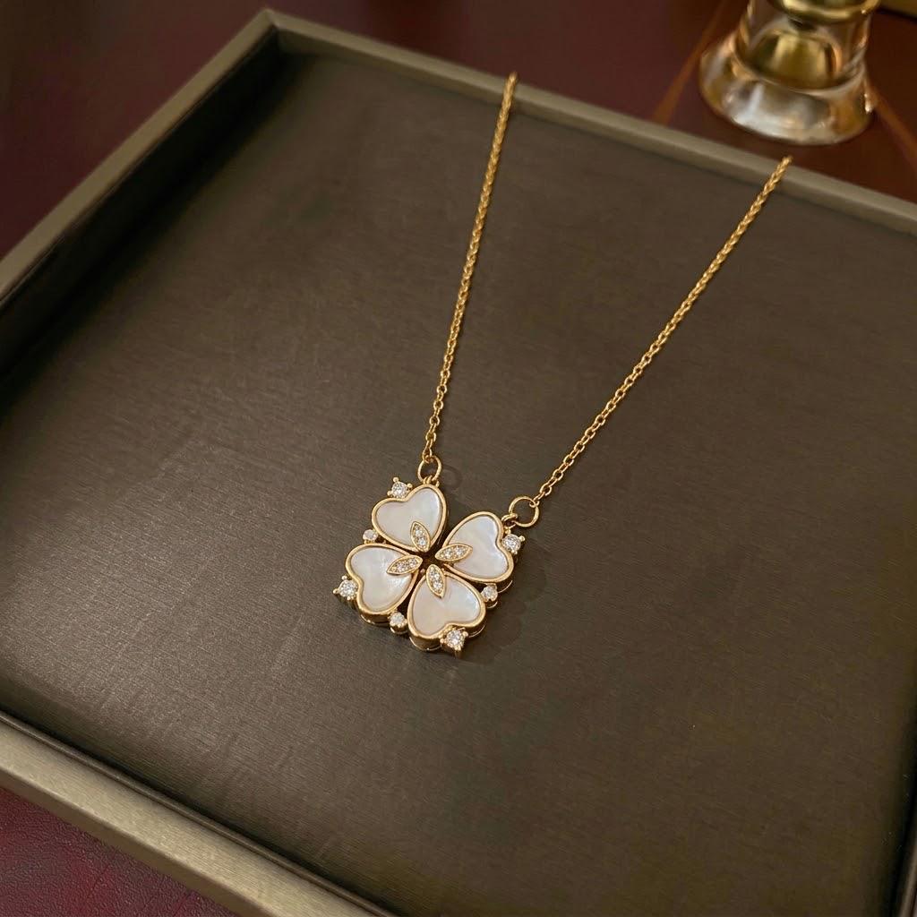 Women's Heart-Shaped Necklace with Four-Petal Flower, Cubic Zirconia, Titanium Steel Clavicle Chain - Elegant and Versatile Accessory