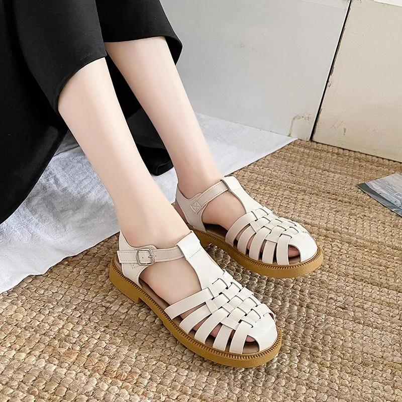 Fashion Women Sandals Black Shoes for Women 2025 Summer Women's Heels Breathable Beige Low Retro Ladies Flat Gladiator  Women Shoes