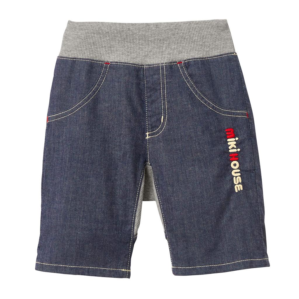 MIKI HOUSE Length Denim Pants with Logo and Made in for Boys and Baby and Indigo Blue 3/4 Stripes, Stretch, Japan, Girls, Kids, 10-3202-491, 110cm,