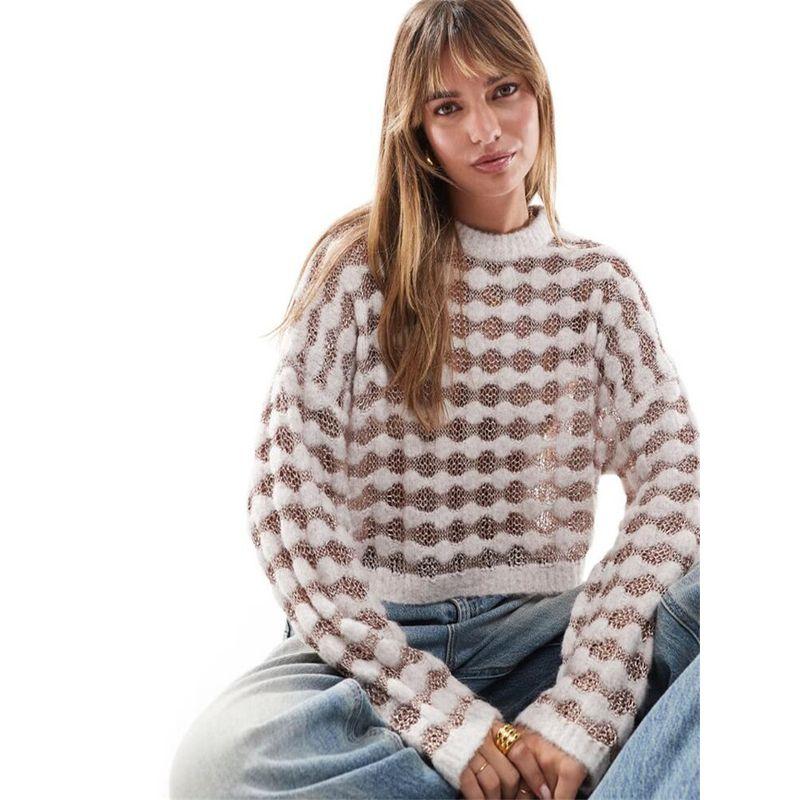 Foreign Trade Original Order Tail Goods British As Mesh Dot Perspective Loose Short Women Knitted Sweater Long Sleeve Top