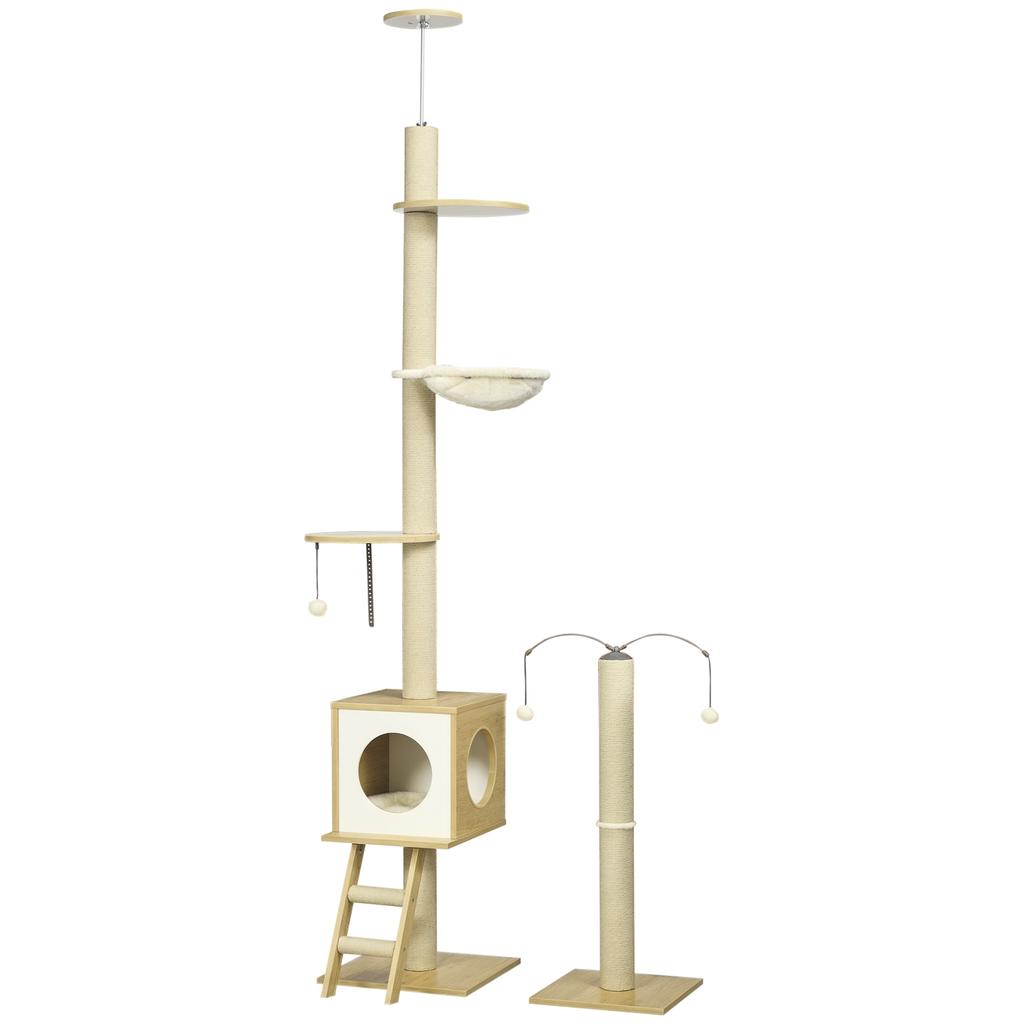 Floor To Ceiling Cat Tree Adjustable Height 225 285 Cm With Scratching Post 4 Levels Nest Hammock Ladder Games Beige