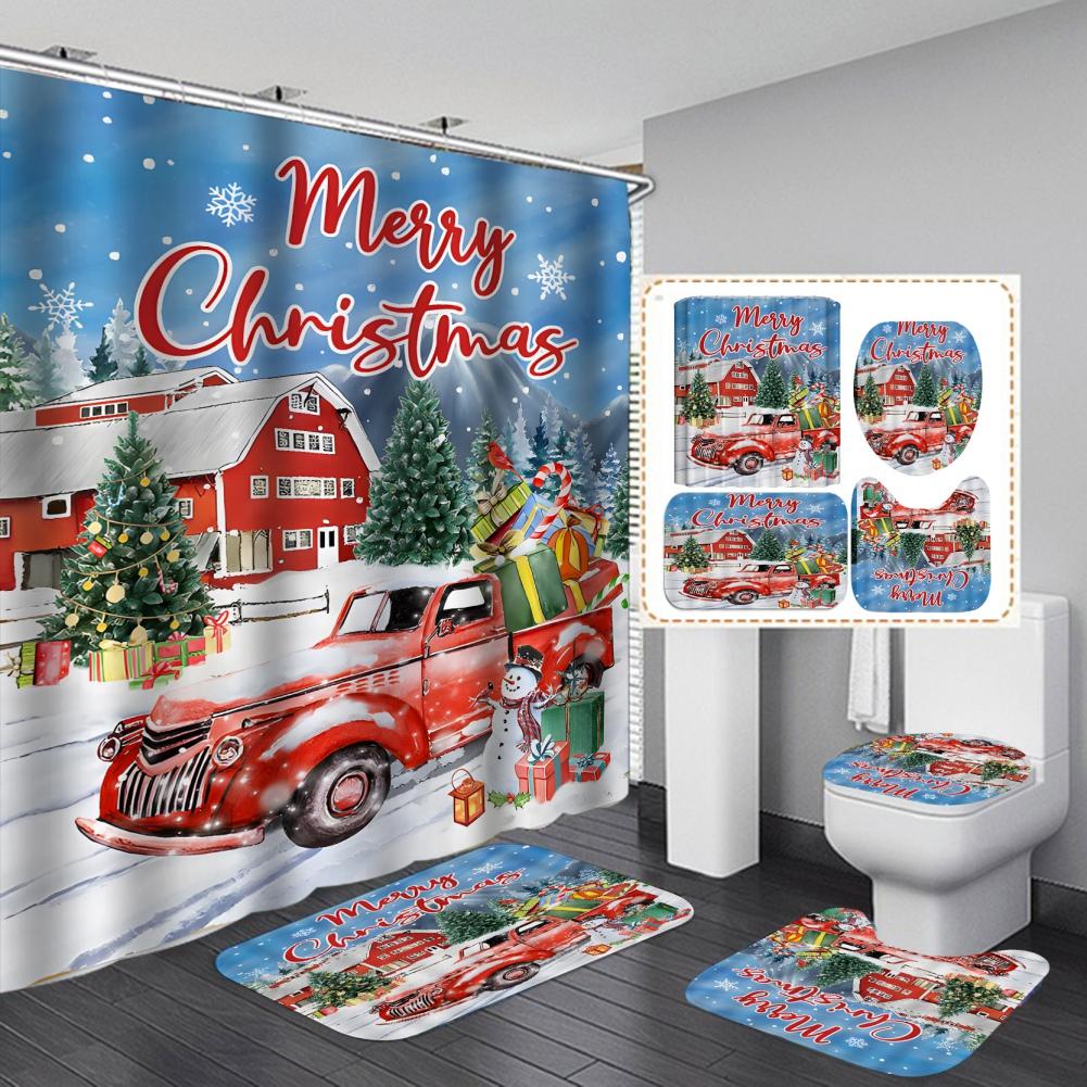 Merry Christmas Bathroom 4Pcs Set Snowman Santa Claus Pattern Waterproof Shower Curtain Toilet Cover Mat Non Slip Rug Home Decor