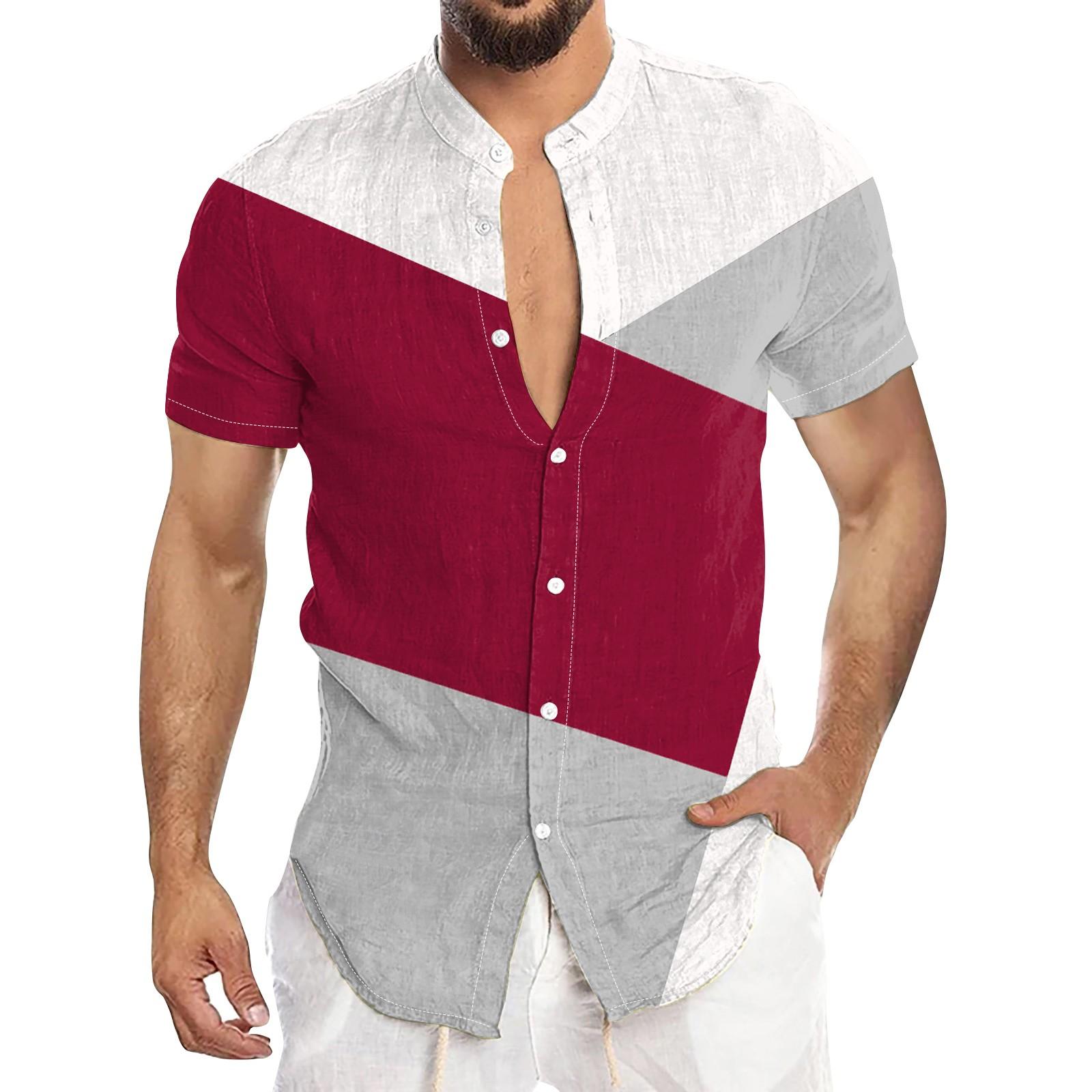 

Мужская повседневная рубашка с короткими рукавами, мужская модная рубашка с воротником-стойкой на пуговицах XL винный