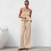 Khaki cotton and linen tube top strap-up loose trousers casual suit 1116 European and American spring and summer fashion new two-piece set