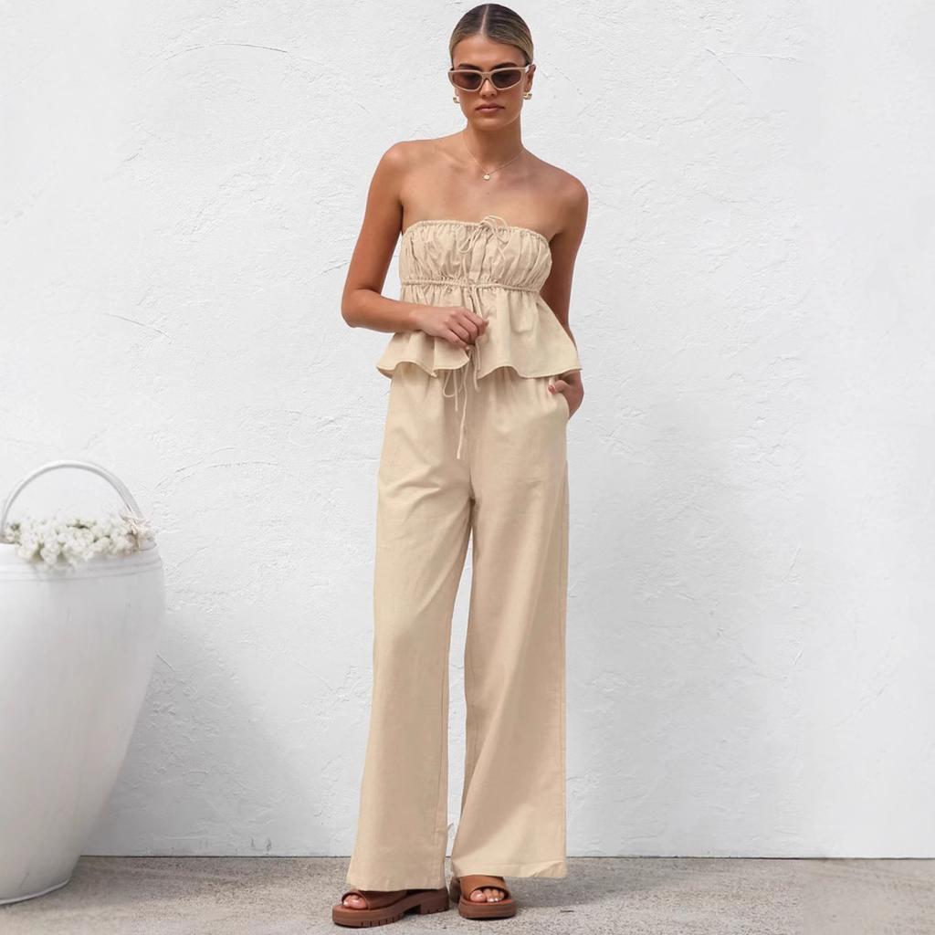 Khaki cotton and linen tube top strap-up loose trousers casual suit 1116 European and American spring and summer fashion new two-piece set