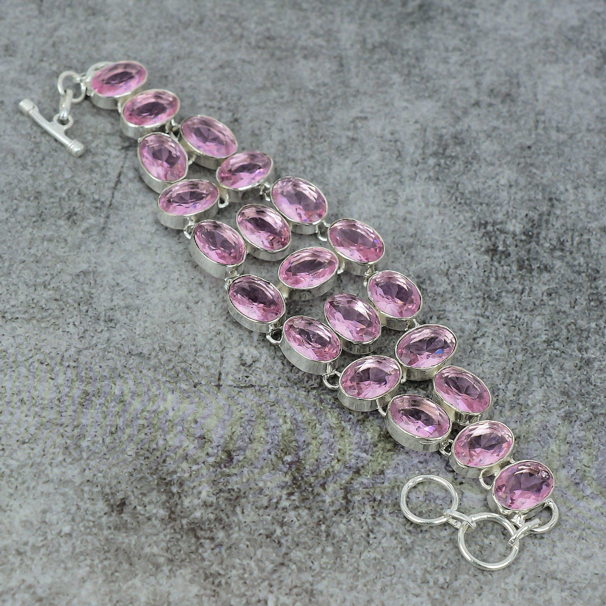 

Pink Kunzite Gemstone Handmade 925 Sterling Silver Bracelet 7-8 M-297