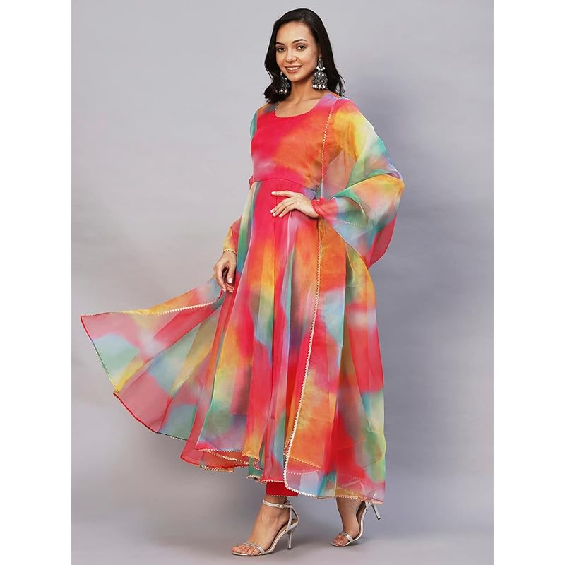 GoSriKi Women s Organza Anarkali Floral Printed Kurta with Pant & Dupatta (Chakrika-Multi-GS_L_Multi_Large) Multicolour L