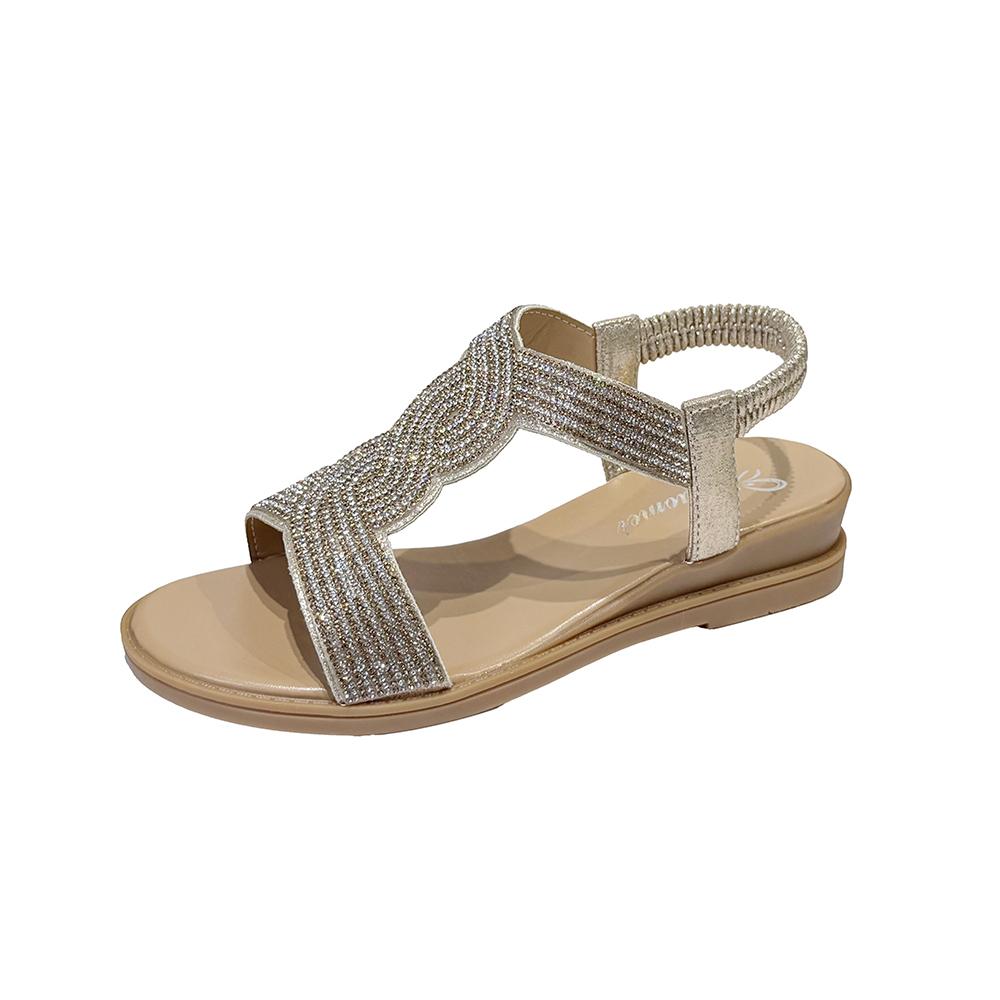 Fashion Soft Sole Anti-Slide Heel Sandals Women's Fashion Round Toe Open Toe Rhinestone Slip Flats
