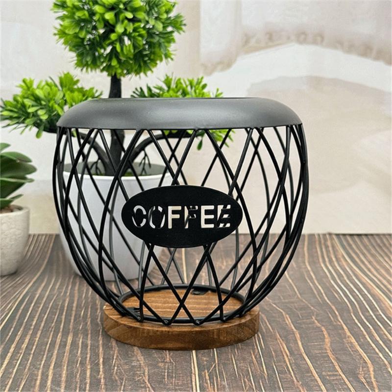 Artistic Iron Fruit Basket Inspired Coffee Pods Rack Open Structure Kitchen Office Storage Durable Metal Wood Materials