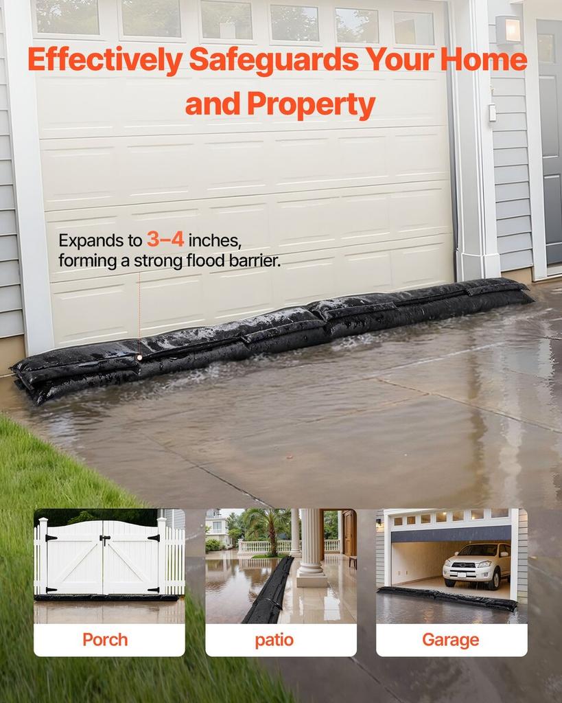 Flood Barrier, 10 Pack, 1530 X 210 Mm Flood Bags with Bucket, Reusable Water Absorbent Barrier Activated by Water, Sandless Sandbags Blockage,