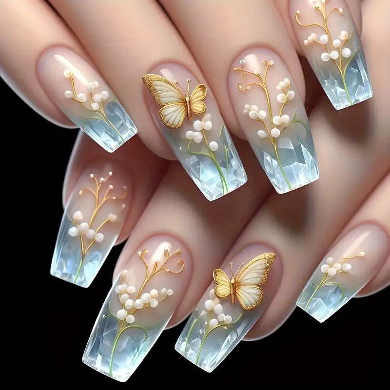 

New manicure nail piece Dream butterfly ins Wind Code French medium and long European square wearing nail patch Free jelly glue + rubbing strips