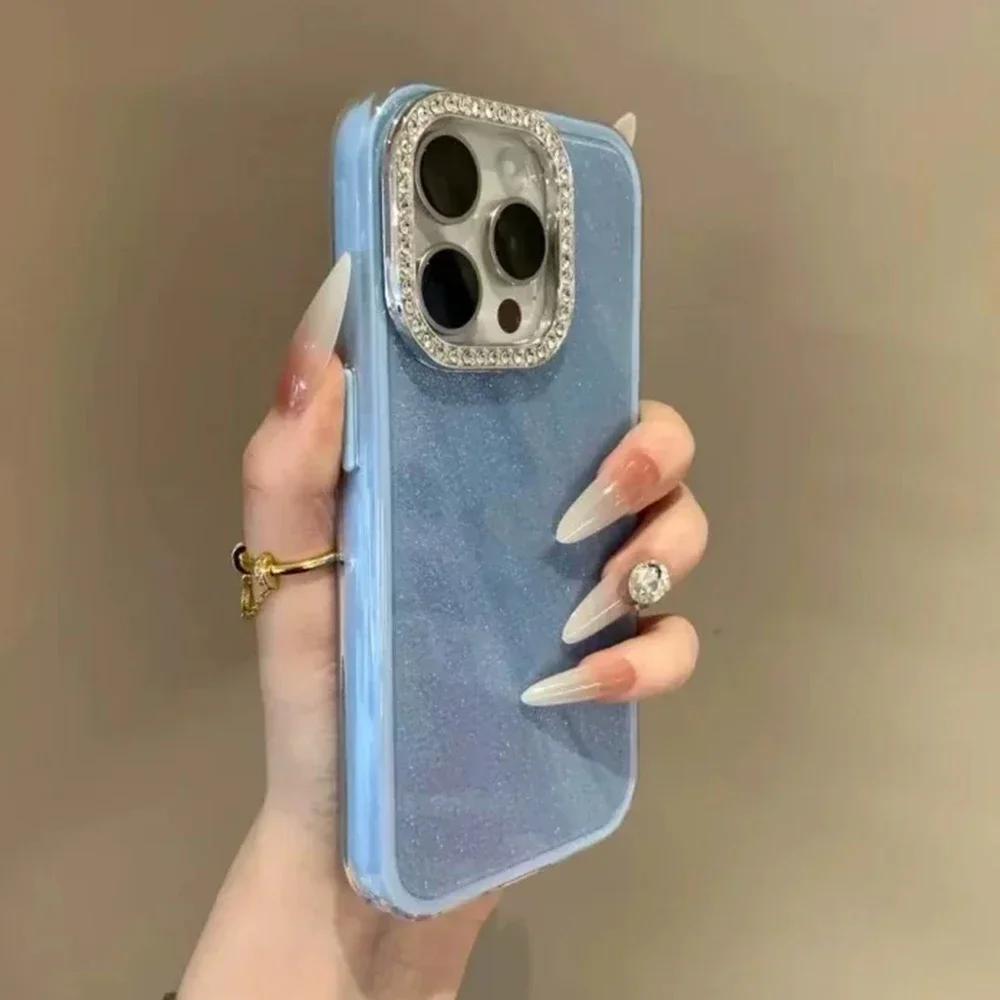 3 IN 1 Bling Glitter IMD Candy Color Phone Case For iPhone 16 15 14 13 12 11 17Pro Max Plus Diamond Camera Protector Shining Cover