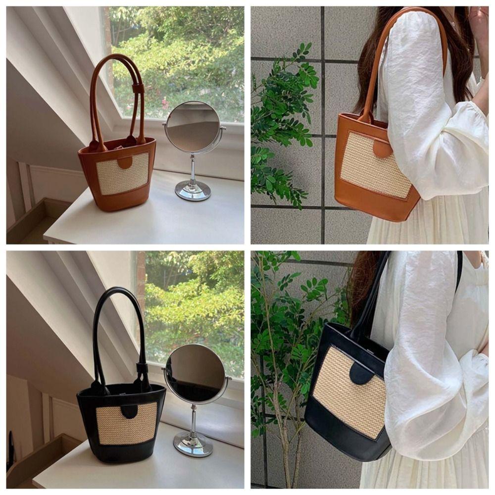 Breathable Women Bucket Handbag Retro Straw Shoulder Bag Beach Pouch PU Woven Bucket Bag  School
