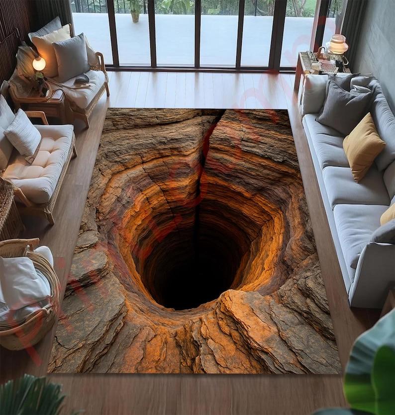 3D Hole Illusion Rug, Realistic Cave Carpet for Living Room Bedroom, Fun Optical Novelty Home Decor Mat