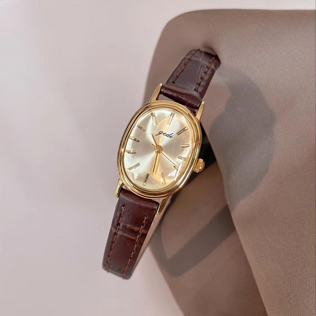 Retro Klassiek Klein Gouden Horloge voor Dames Ovaal Echt Lederen Band Waterbestendig Kwarts Uurwerk Premium Dames Polshorloge
