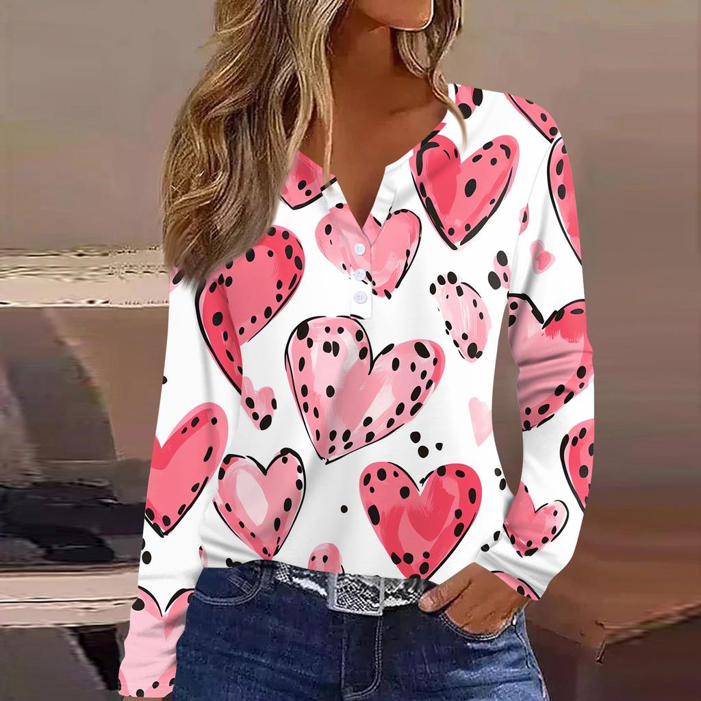 Women's T Shirt Tee Valentine's Day Printed Button Long Sleeve Tunic Daily Weekend Fashion Basic V- Neck Regular Top