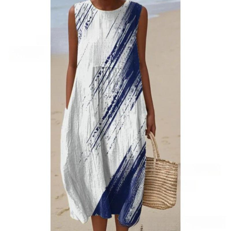 European and American New Summer Flower Ocean Printing European Size Round Neck Sleeveless Long Dress Creative Loose Dress