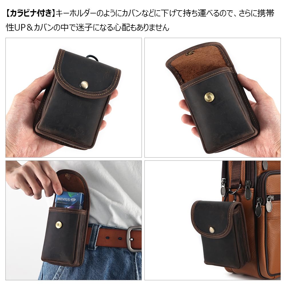 Whatna Natural Cowhide Leather Coin Purse Coin Case Mini Sacoche Carabiner Pouch Belt Loop Mini Waist Bag Pouch Thick Genuine Leather with Carabiner