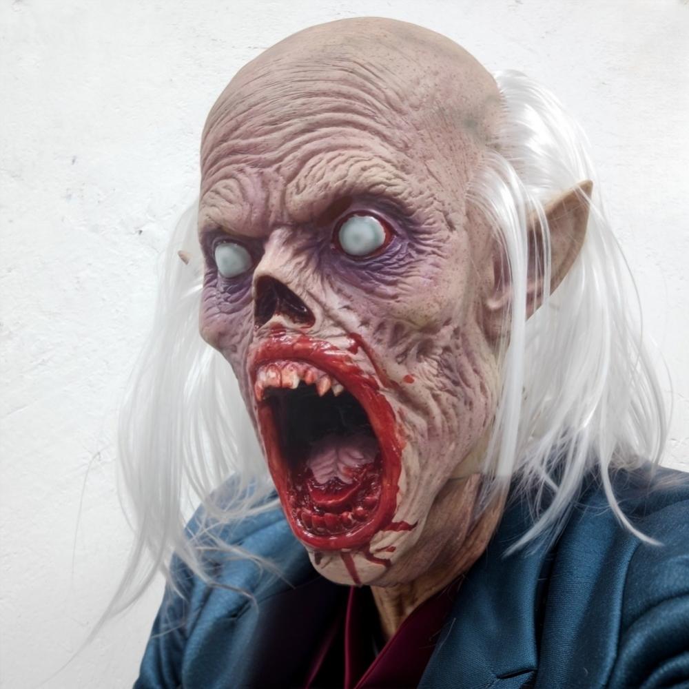 Scary Vampire Halloween Mask Set with White Hair Bloody Mouth Blind Bald Character Teeth Prop for Horror Theme Parties
