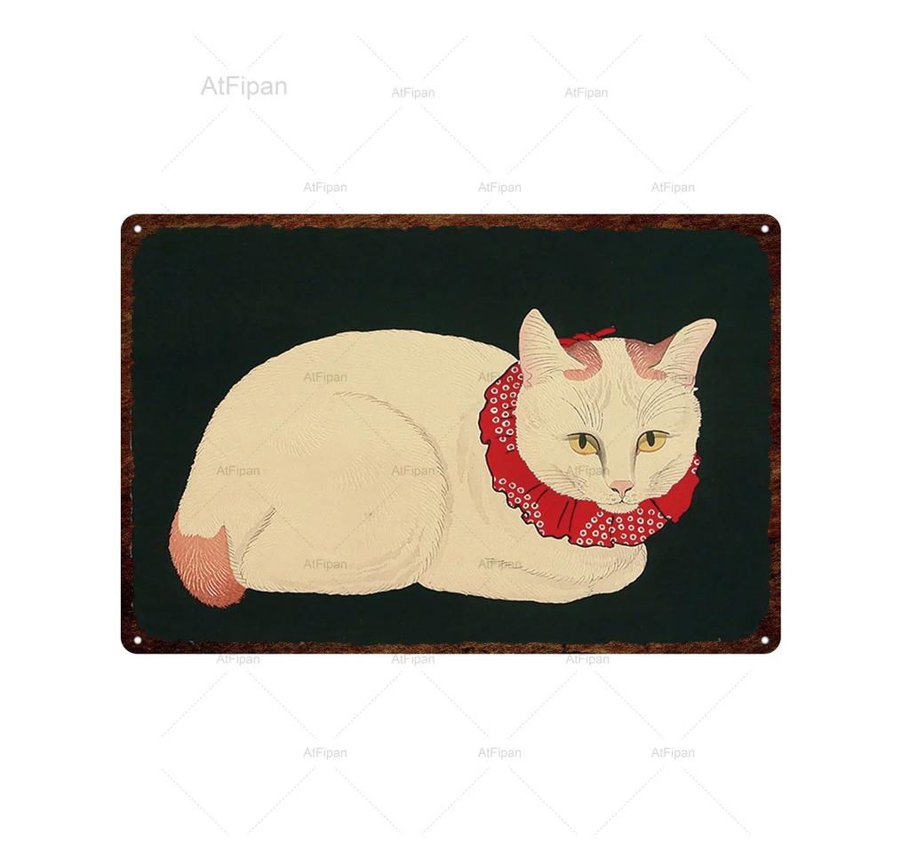 Vintage Japanese Samurai Cat Tin Sign  Retro Metal Wall Art for Home Decor  xCM  Unique Animal Tattoo Design