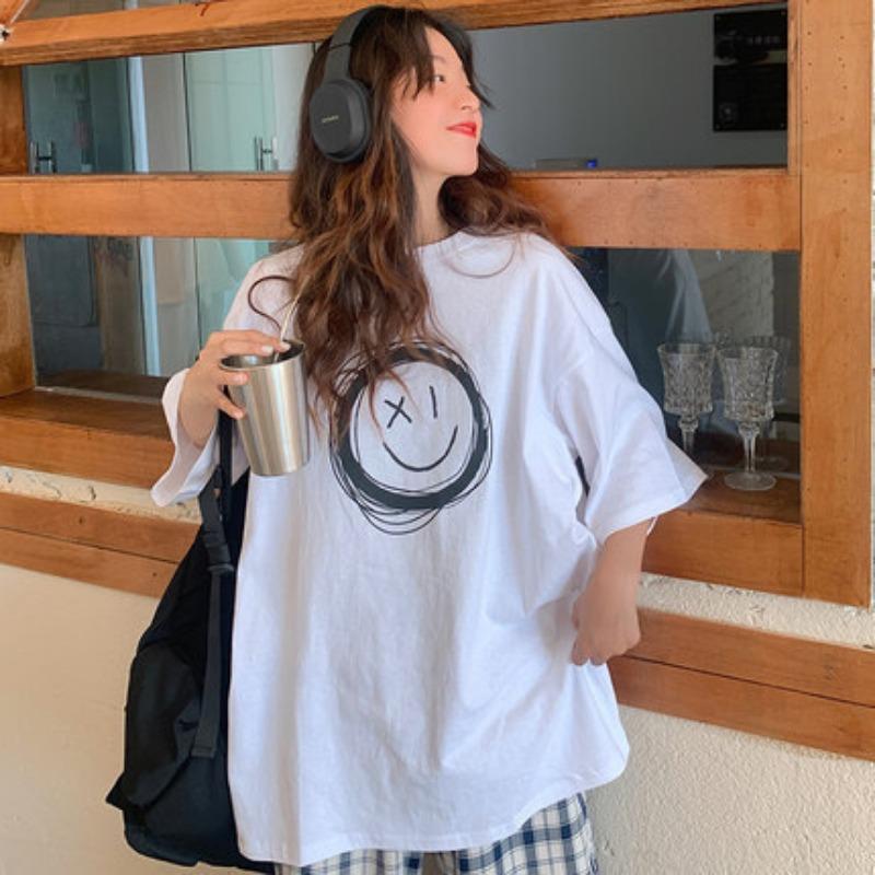 Vintage Funny Print High Street White Black Short Sleeved T-shirts for Women's Summer Casual Oversized T Shirt Harajuku Streetwear Tshirt Y2k Tops