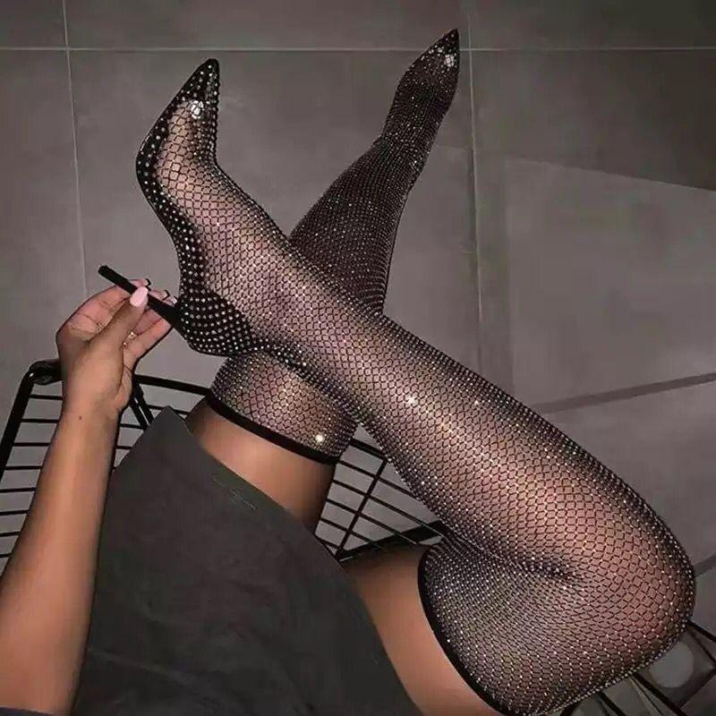 Summer New Pointed Thin Heel Knitted Fashion Socks Boots Women's High Heel Knee Boots Rhinestone Thin Cool Boots