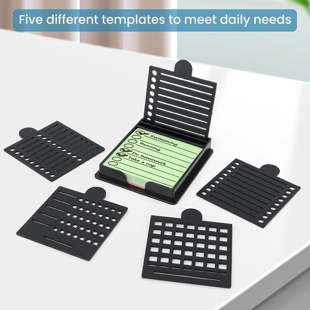 Sticky Note Holder with 5 Different Stencil, 3x3 Sticky Note Stencil Dispenser for Desk, Reble Memo Pad Organizer with Five Line Box Drawing Template
