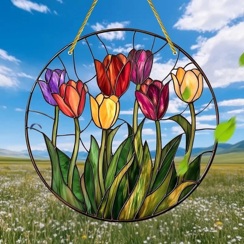 2D Flat Plants Flowers Round Acrylic Decoration Sign, Tulip, Home Decor Plaque Hanging Wall Art Decorative Garden Decoration for Room Door Signs Hangi