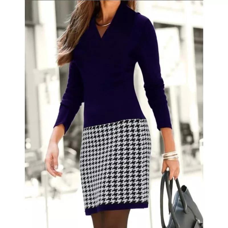 

Модные платья с принтом «гусиные лапки», осень-зима, женская одежда, элегантное простое платье с v-образным вырезом и длинными рукавами