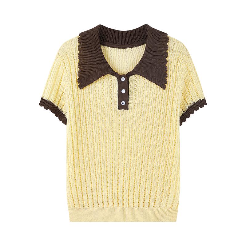Qiu Shui Yi Ren Women's Contrast Lapel Knit Short Sleeve Top