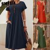 GMXIA Summer Women Plus Size Dress Long Solid Cotton Linen Round Neck Pockets Pleated Short Sleeve Dresses