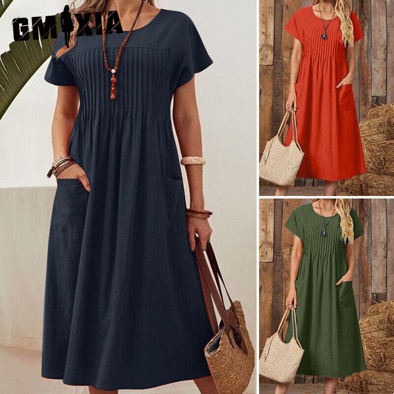 GMXIA Sommer Dame Pluss Størrelse Kjole Lang Ensfarget Bomull Lin Rund Hals Lommer Plissert Kortermet Kjoler