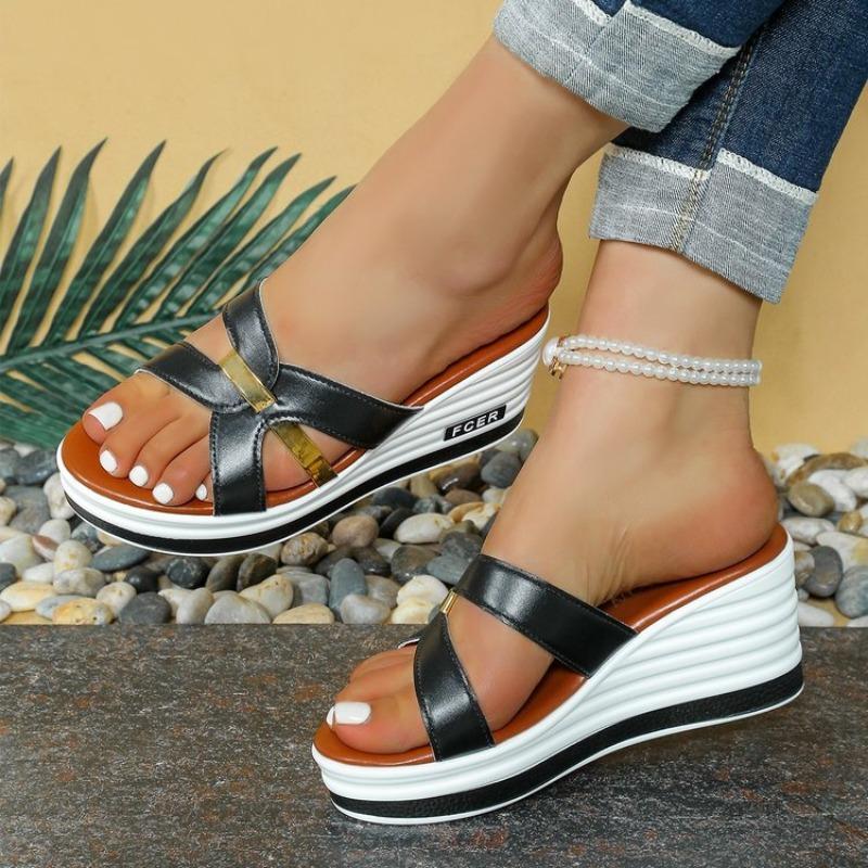 Fashion Korean Fashion New Fish Mouth Wedge Fashion Casual Foreign Trade Large Size Women'S One Line Sandals And Slippers For Sandalias
