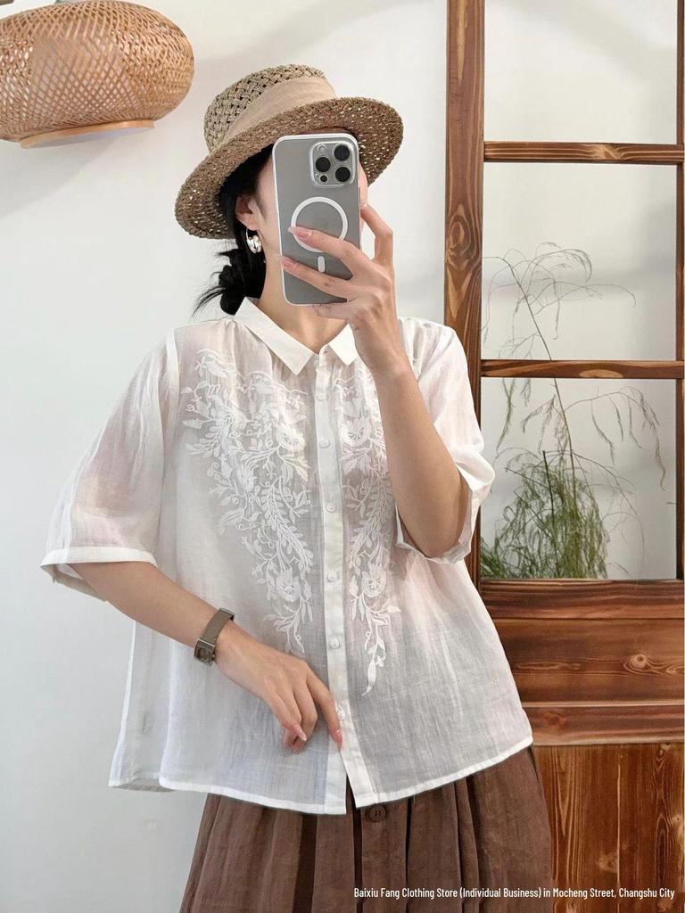Summer 2026 Retro Embroidered Linen Blouse - Women's Short Sleeve, Slimming Shirt Collar, Loose Fit Top