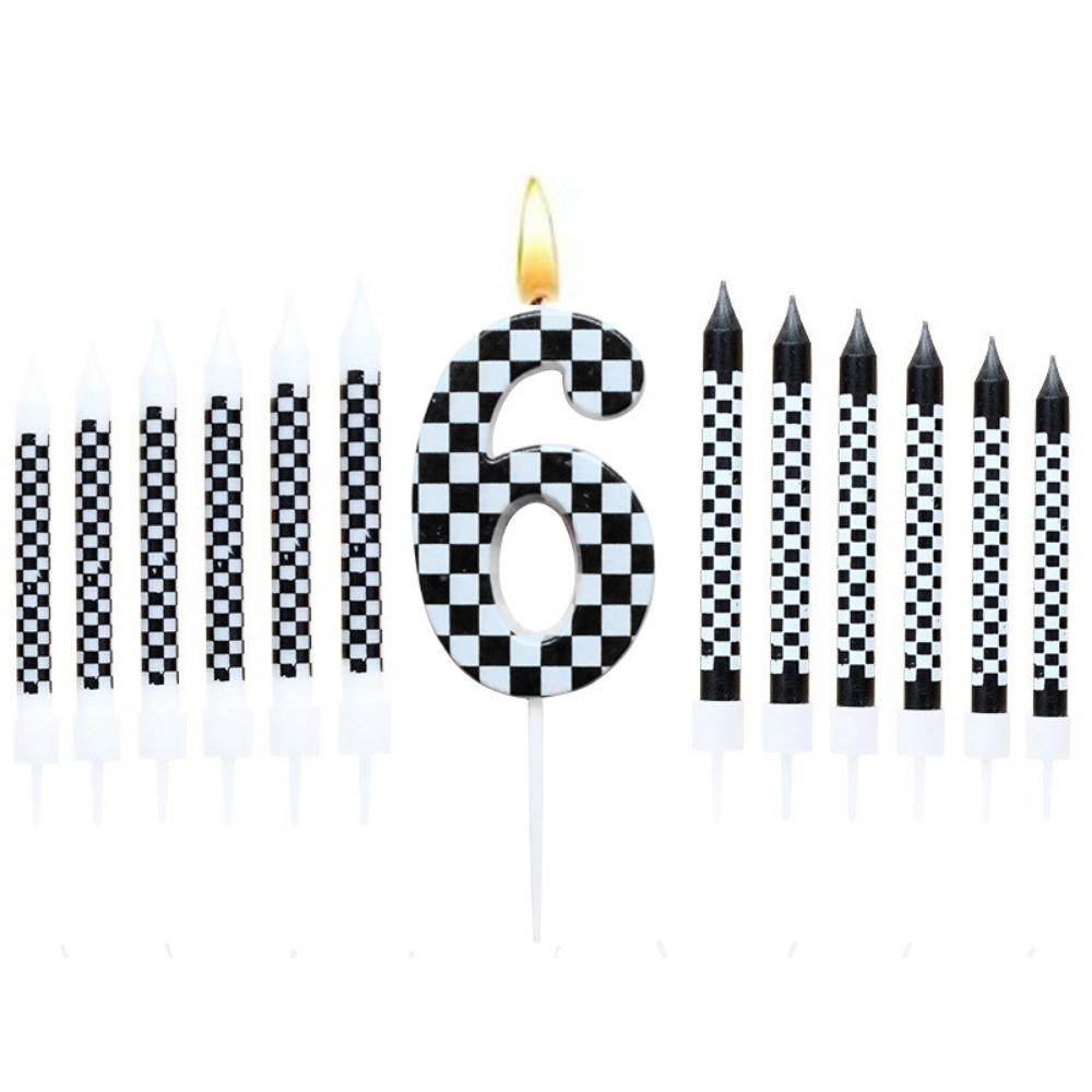 1/6/12/13 Pcs Racing Cars Themed Birthday Candles Black and White Race Number Checkered Candle Cake Topper for Racing Car Party