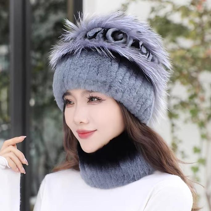 Fur Rex Rabbit Hair Hat Women's Winter Neck Cover Two-piece Warm Korean Version Fashion Beautiful Mom Snow Hat Travel