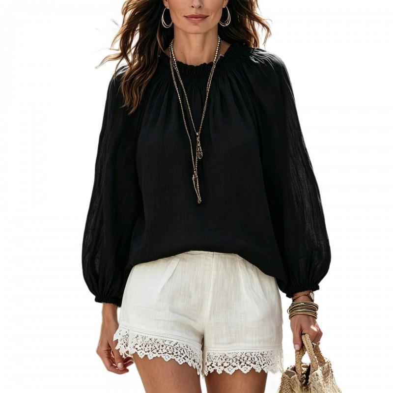 Womens Loose Lantern Sleeve Solid Color Blouse 2026 Casual Style Oversized Shirt