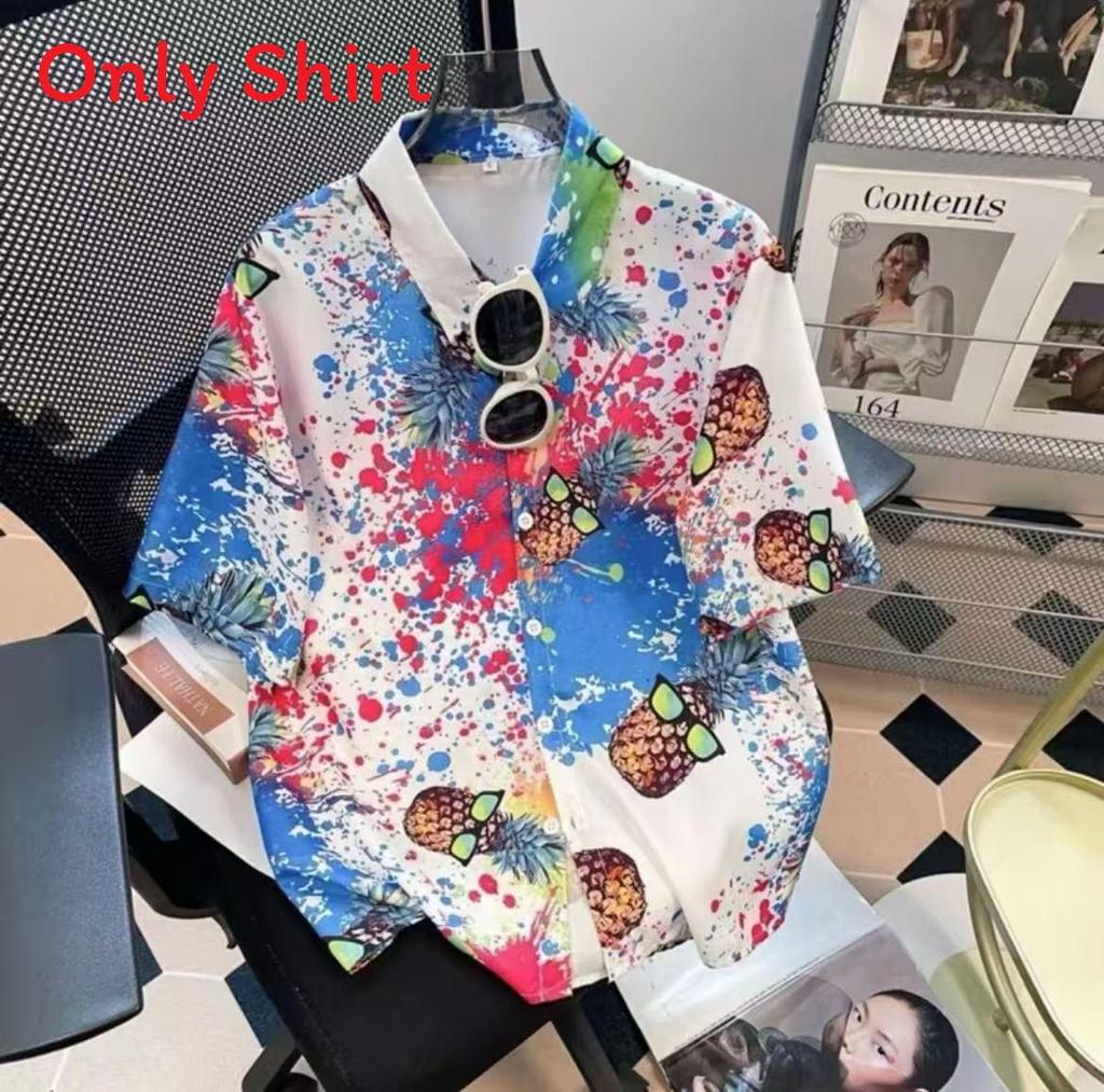 Thai Plant Print Shirt With Short Sleeves And High Elasticity For Casual Summer Wear