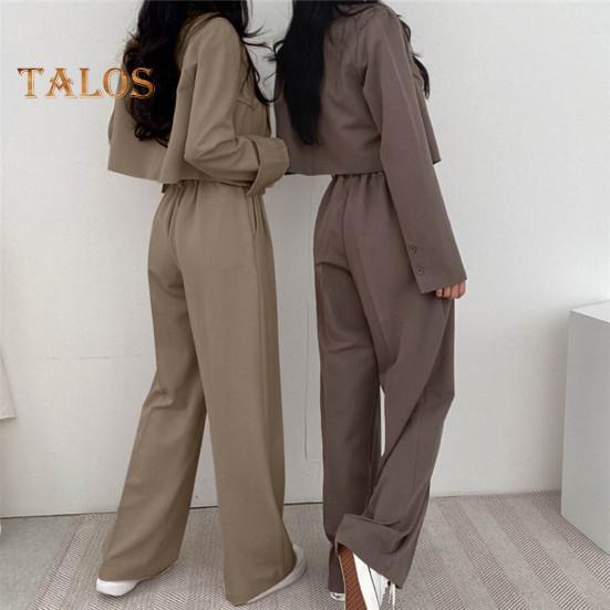 2 Teile/satz Frauen Mantel Hosen Set Revers Einreihige Strickjacke Langarm Jacke Breites Bein Hohe Taille Gerade Hose Dame Formale Pendler Outfit