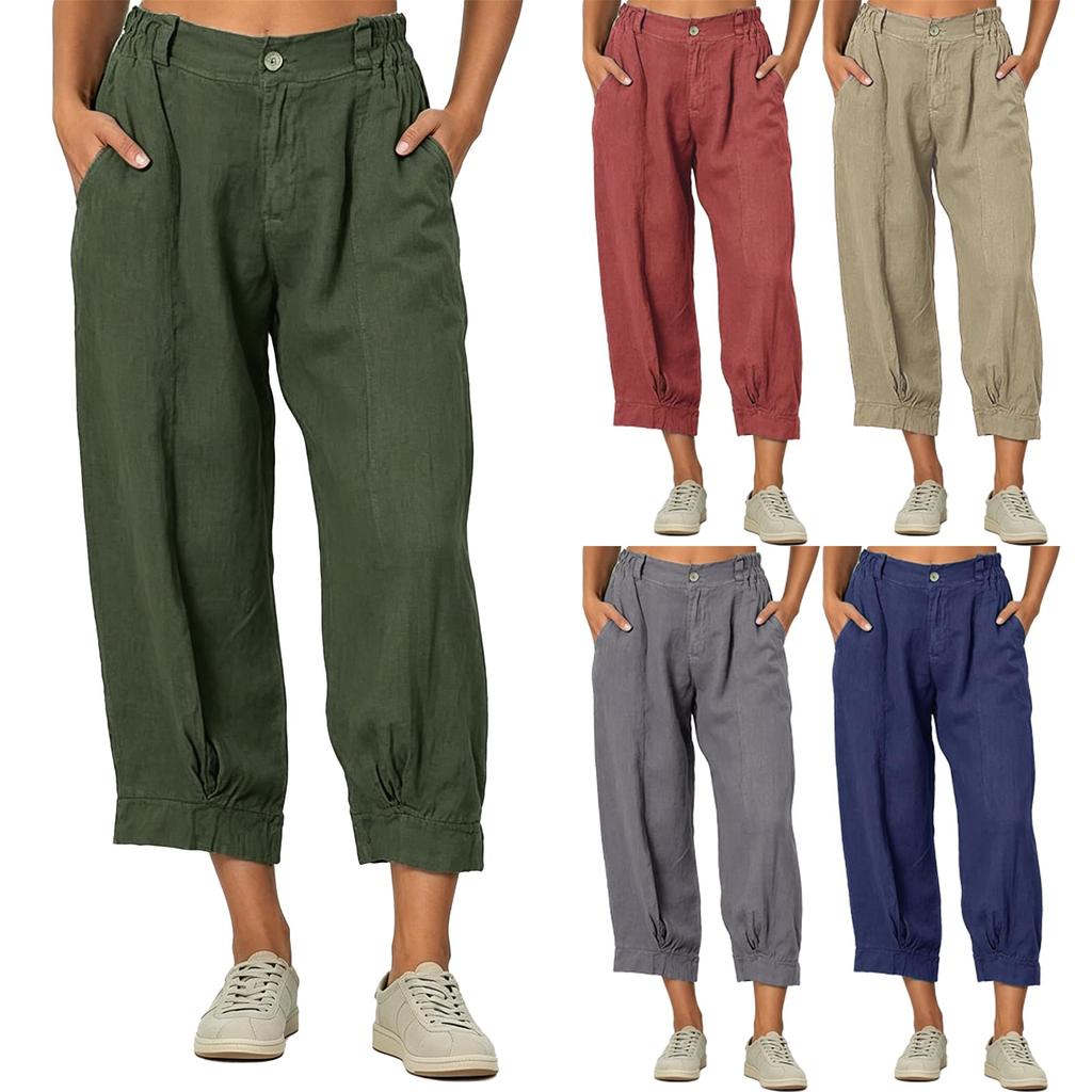 Women's Casual Cotton Linen Button Front Pants with Pockets Elastic Waistband and Ankle Cuffs Relaxed Fit Cropped Trousers