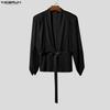 INCERUN Men Long Sleeve Patchwork See Through Mesh Bandage Waist Party Tops Shirts