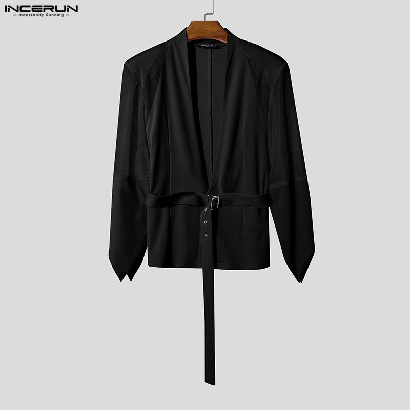 INCERUN Men Long Sleeve Patchwork See Through Mesh Bandage Waist Party Tops Shirts